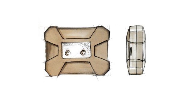 "A rectangular metal output device with a diagram, a drawing, a font, a car part in the vehicle exterior, an analog clock, and art."