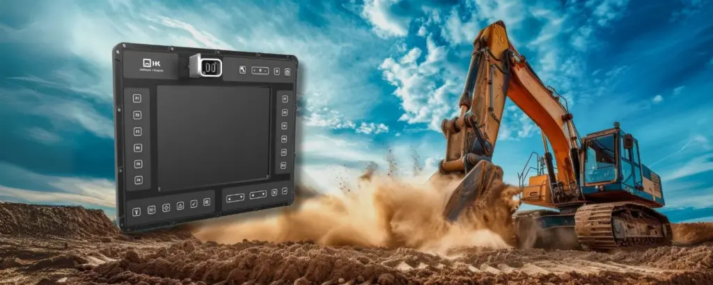 Robust touch display with an excavator in the background
