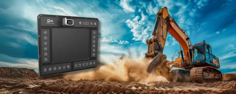 Robust touch display with an excavator in the background