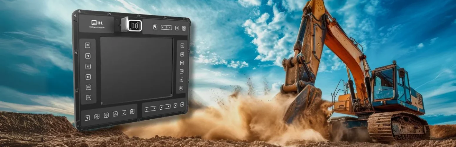 Robust touch display with an excavator in the background