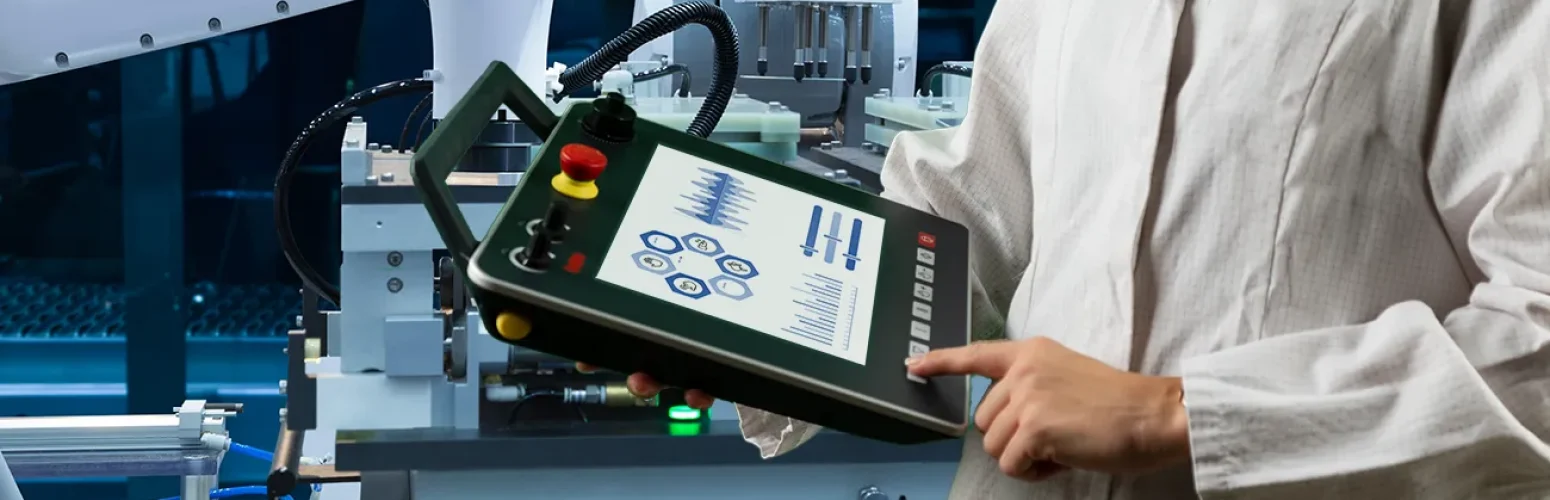 Human operates control unit on CNC machine